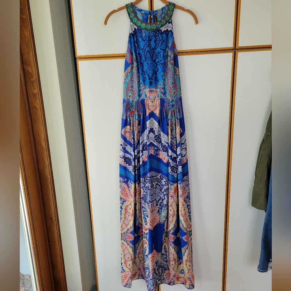 Ranna Gill Boteh Maxi Dress 6 Pleated Embroidered Rhinestone Multicolor - Picture 7 of 13